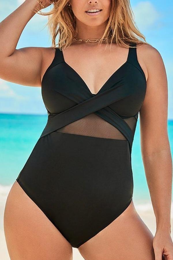 BLACK CUT OUT MESH UNDERWIRE ONE PIECE SWIMSUIT